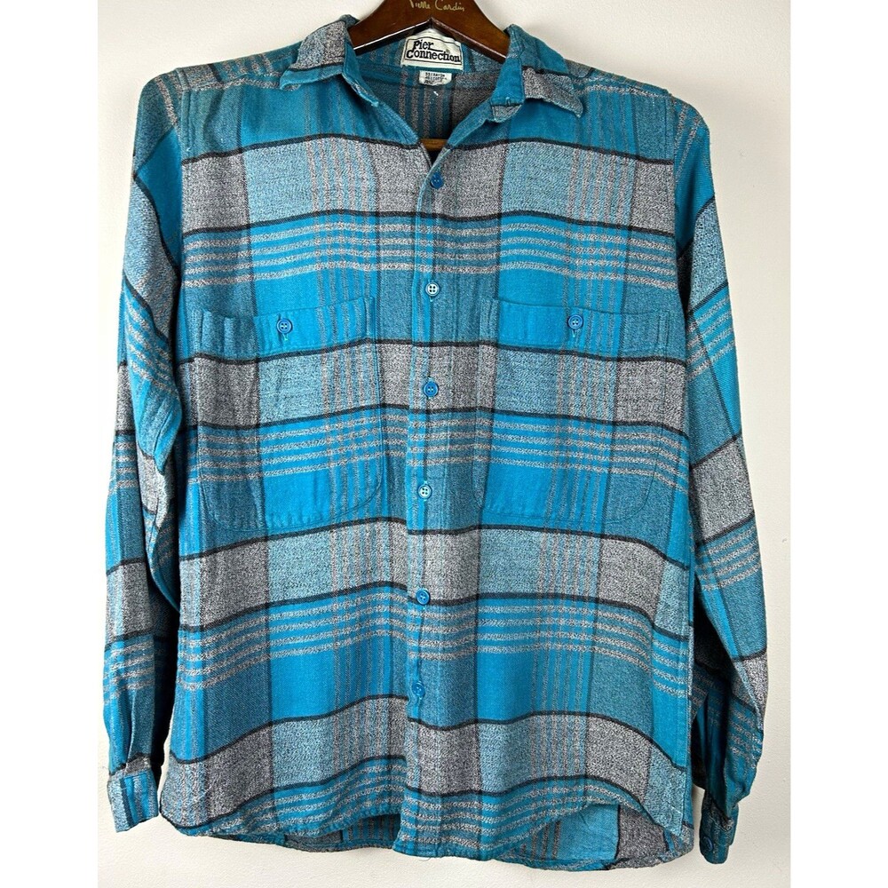 VTG 80s Pier Connection Retro Plaid Flannel Button Up Shirt Teal Oversized S